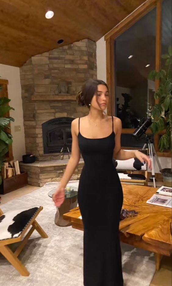 Spaghetti Straps Long Prom Dress Simple Prom Dress Classic Black Evening Dress