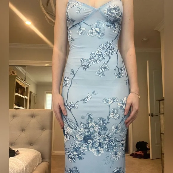 Unique Mermaid Blue Print Prom Dress Long Party Evening Dress