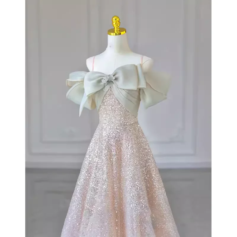 A line Straps Sequin Long Evening Dress Prom Dress