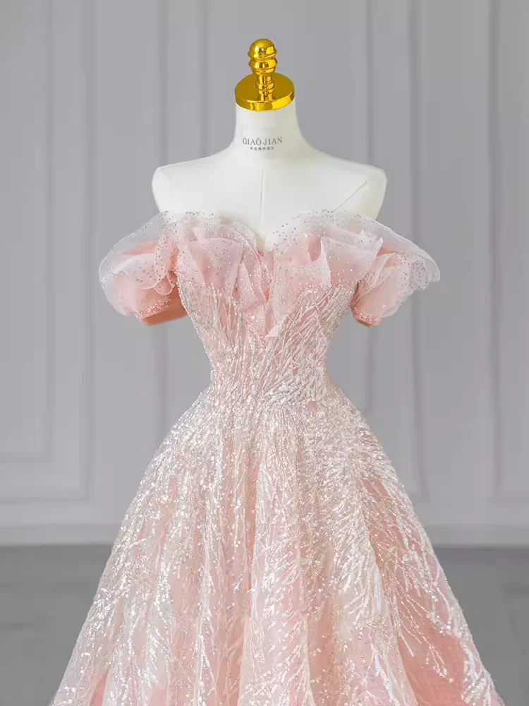 A line Off The Shoulder Pink Sequin Beads Long Evening Dress Prom Dresses