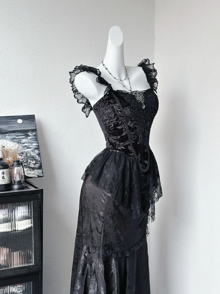 Vintage Black Satin Lace Long Party Dress Evening Dress