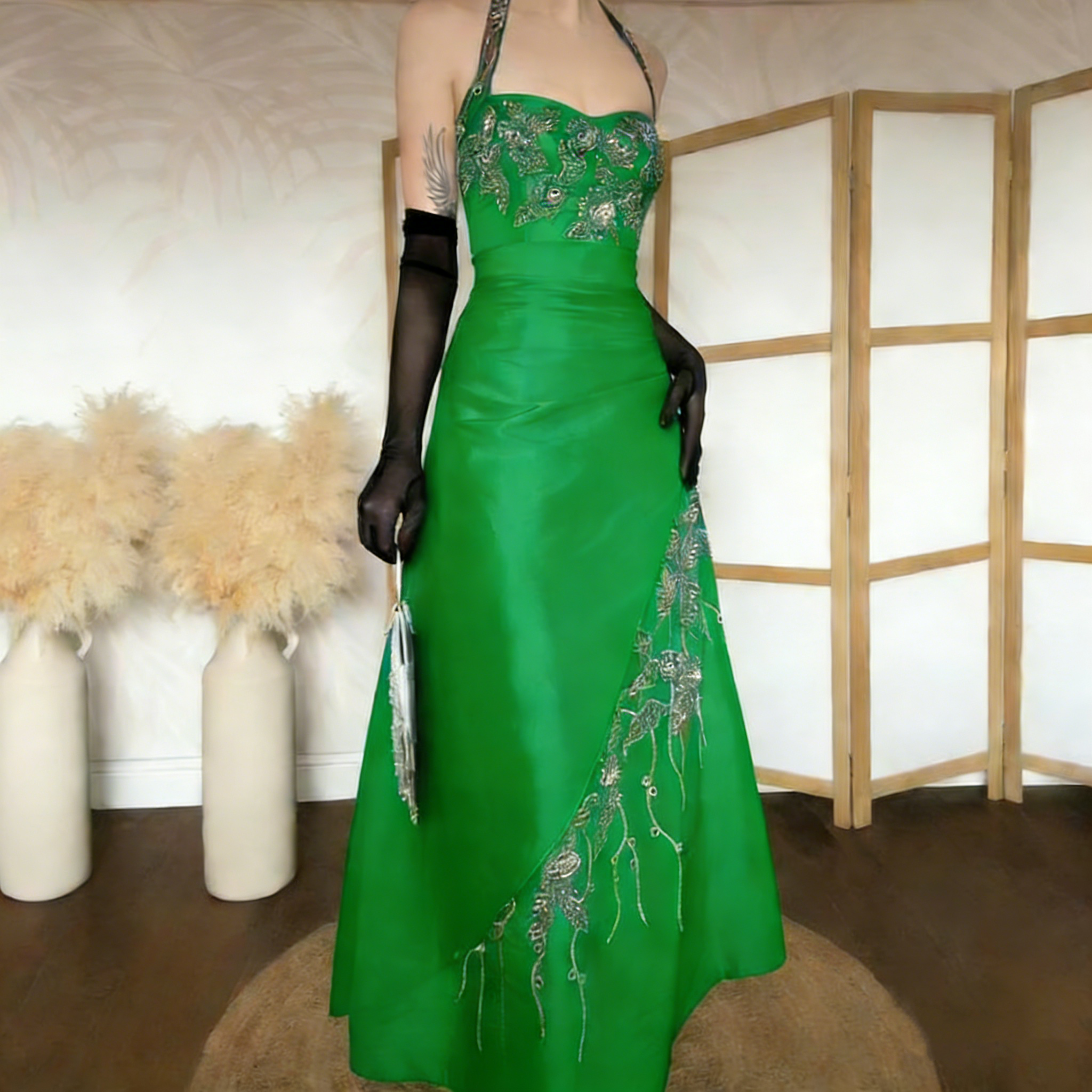 Vintage Halter Brown Satin Beaded Mermaid Evening Dress Long Party Dress Prom Gown With Gloves