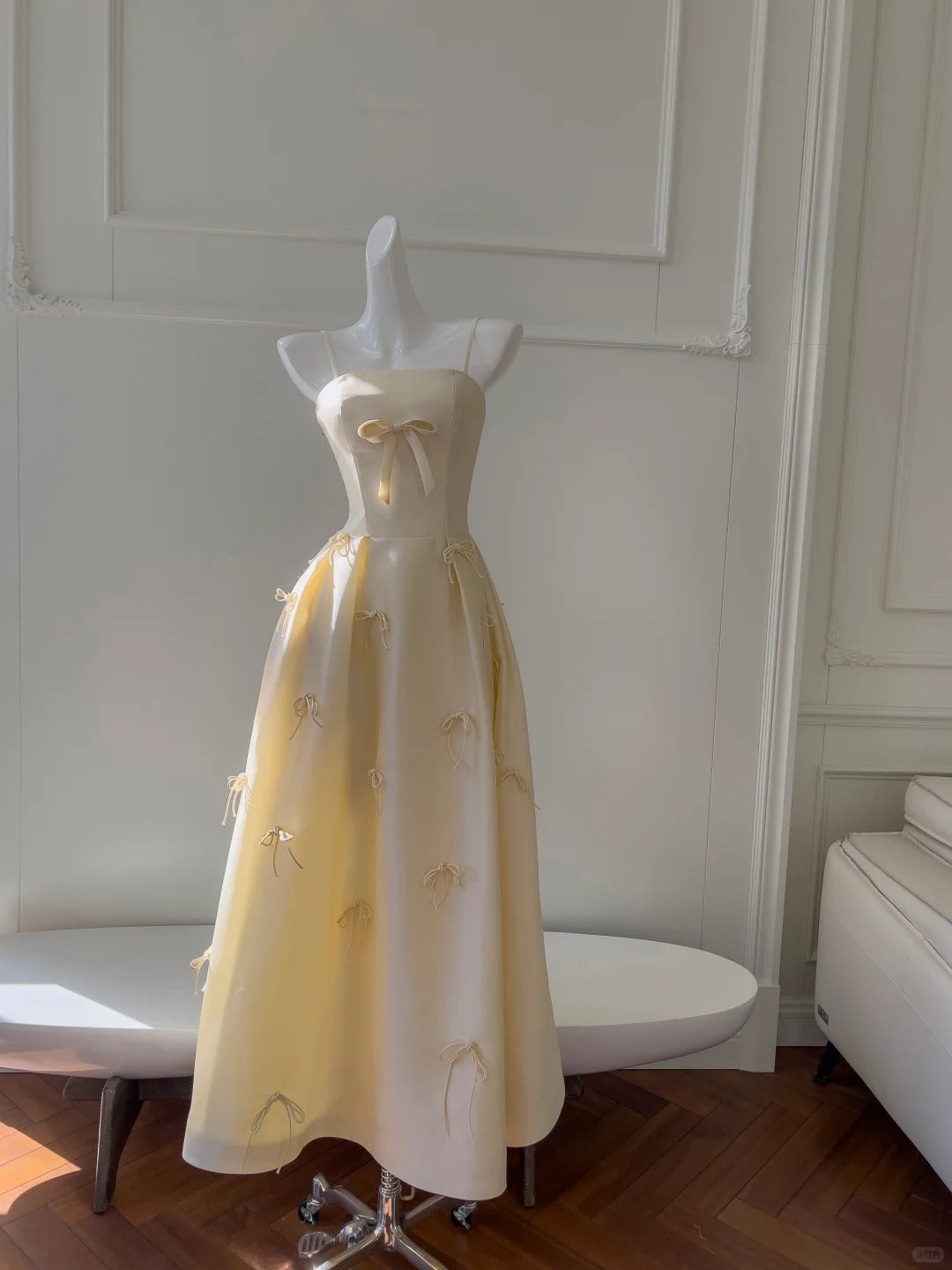 Sweet Light Yellow A-line Spaghetti Strap Bow Satin Long Prom Dress Evening Dress Bridesmaid Dress