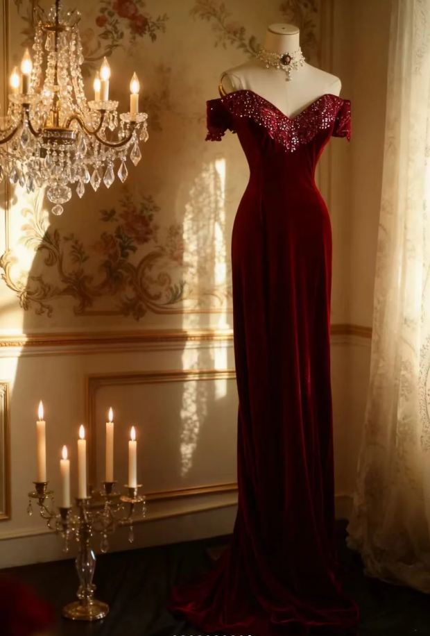 Classy Off The Shoulder Red Velvet Mermaid Long Evening Dress Formal Birthday Prom Dress