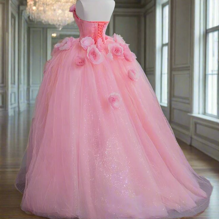 Pink Princess Ball Gown Sweet 16 Dress Fairy 3D Flowers Tulle Prom Dress Quinceanera Dress