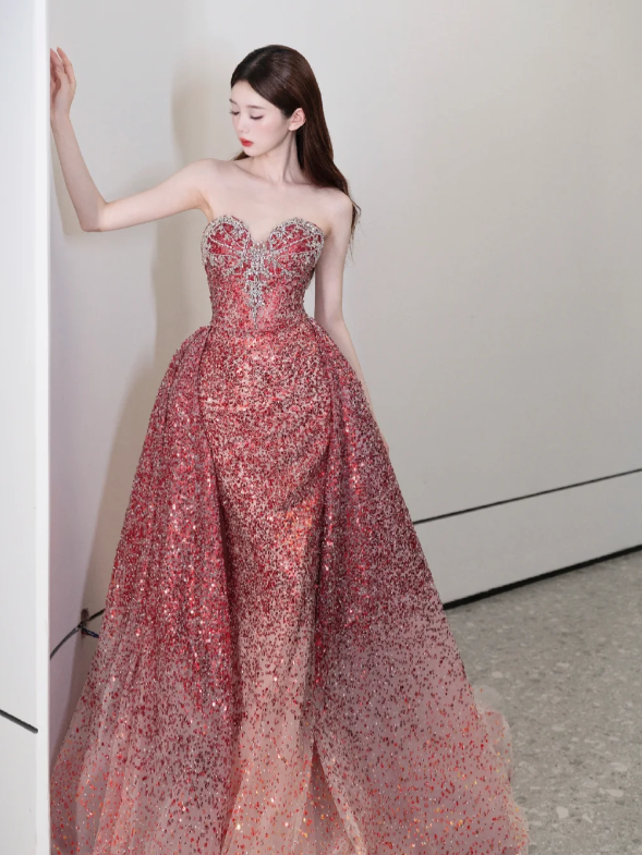 Sweetheart Neck Burgundy Prom Party Dress Sparkle Evening Dress Birthday Dress