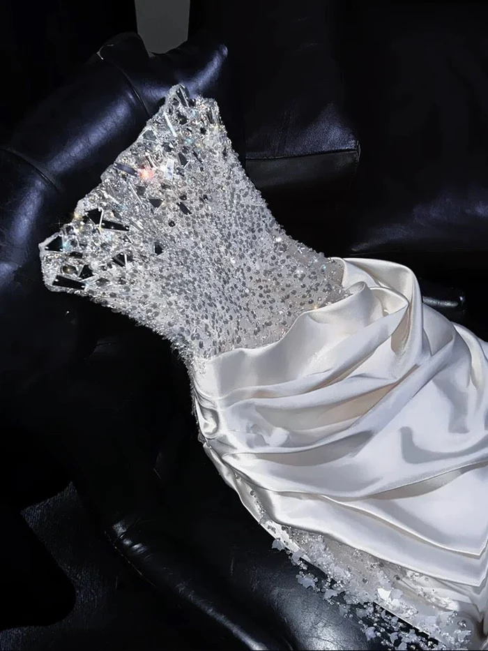 Ivory Beaded Long Prom Dress Sexy Evening Party Gown Birthday Dress