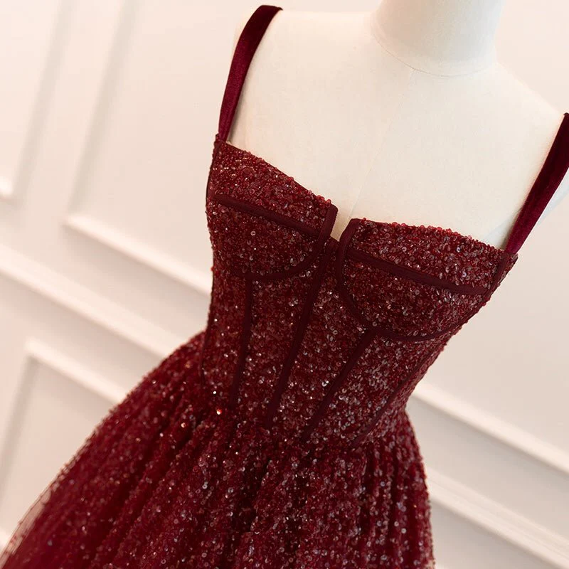 Burgundy Tulle Sequins A Line Ball Gown Glitter Party Evening Dress