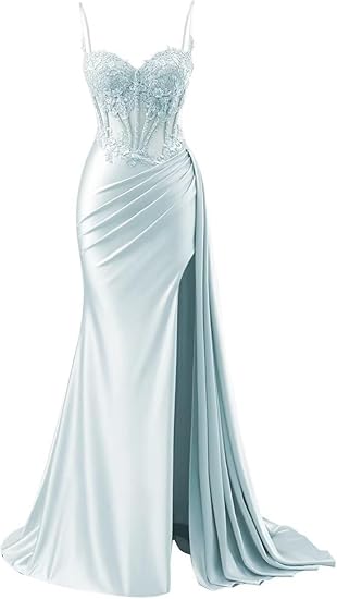 Pretty Mermaid Spaghetti Straps Sage Green Long Satin Prom Dresses Formal Evening Dress