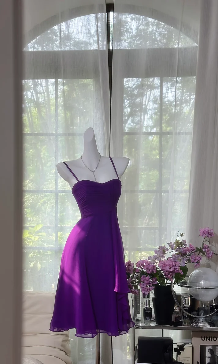 Classy Spaghetti Straps Purple Chiffon A Line Homecoming Dress Short Prom Dress