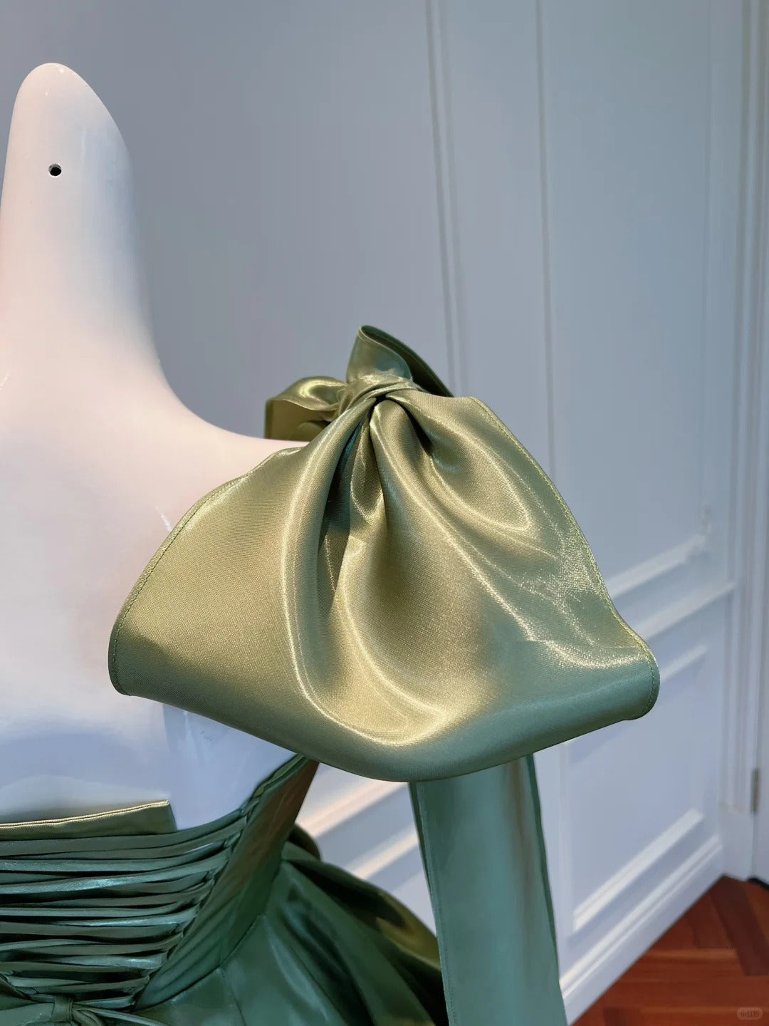 Vintage Olive Green A-line Bow Strap Satin Tea-length Prom Dress Evening Dress