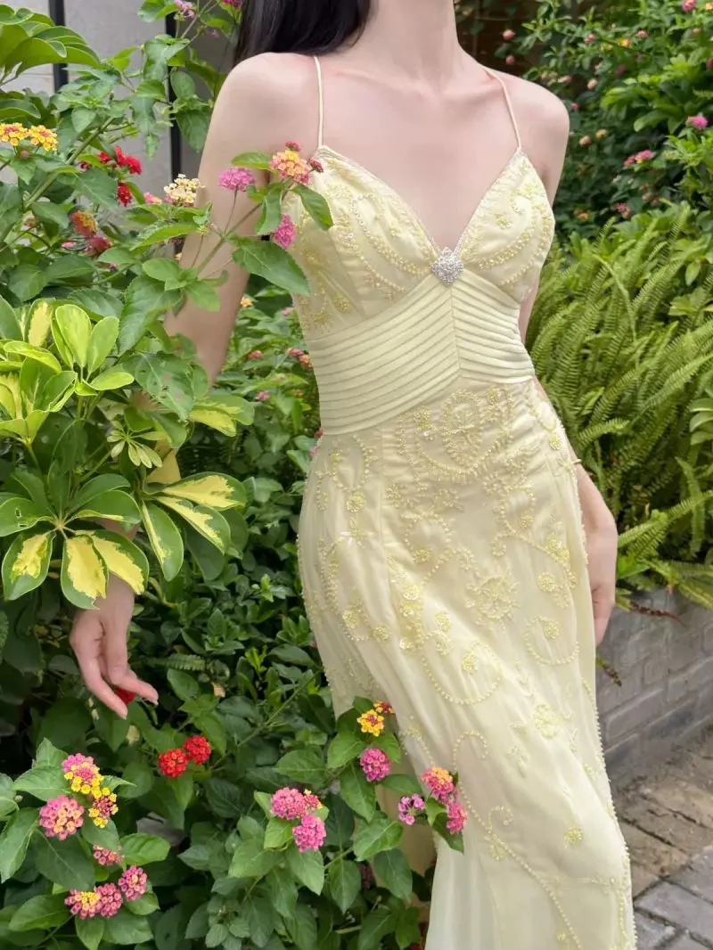 Beautiful Mermaid Spaghetti Straps Yellow Chiffon Beaded Prom Dress Long Party Evening Dress
