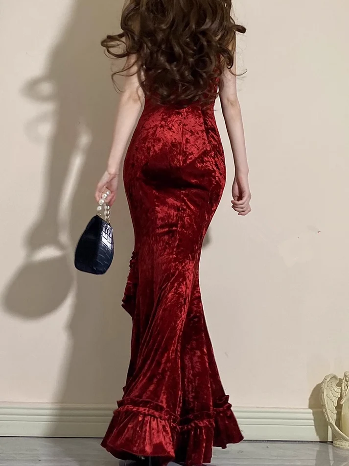 Vintage Burgundy Mermaid Ruffles Prom Dress Spaghetti Straps Long Party Dress Evening Dress