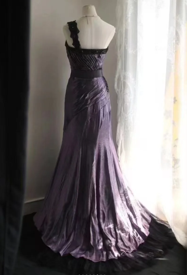 Unique One Shoulder Purple Satin Pleated Tulle Appliques Long Party Dress Birthday Prom Dress
