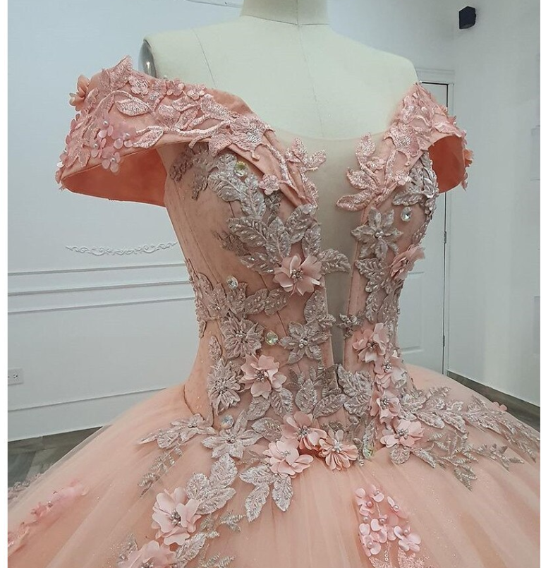 Off The Shoulder Pink Ball Gown Long Train Tulle Appliuqes Sweet 16 Dress