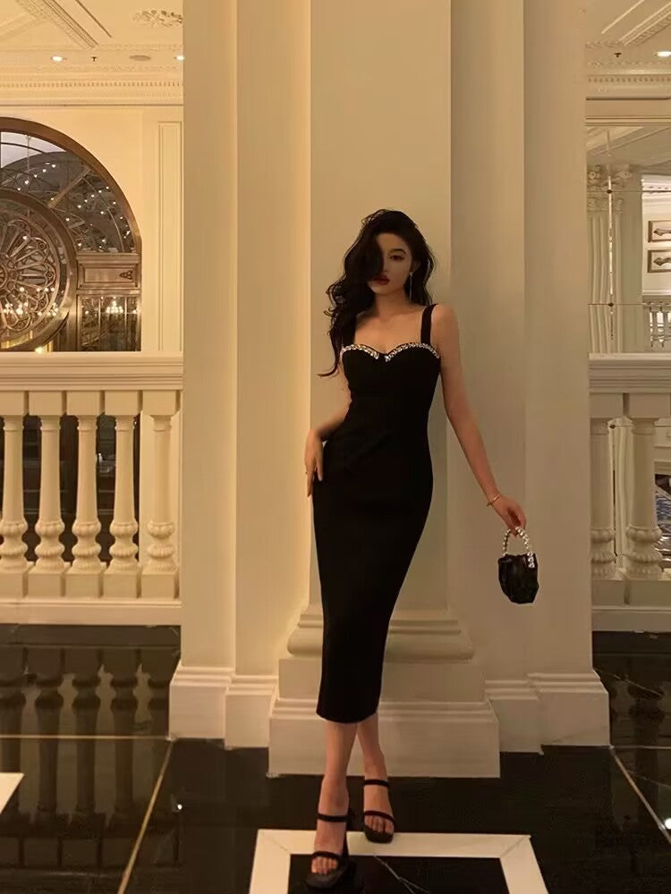 Chic Sheath Straps Black Satin Prom Dresses With Beads Birthday Dress