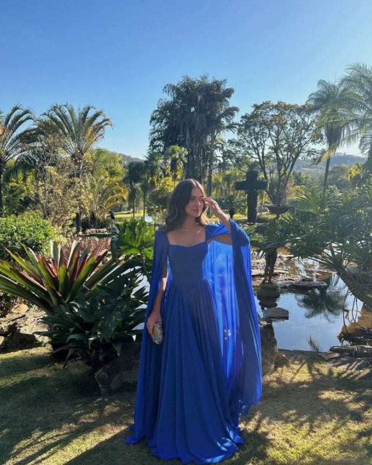Simple Royal Blue A Line Long Sleeve Chiffon Formal Dress Evening Party Dresses