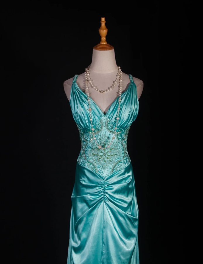 Classy V Neck Green Satin Beaded Mermaid Evening Dress Long Birthday Party Dress