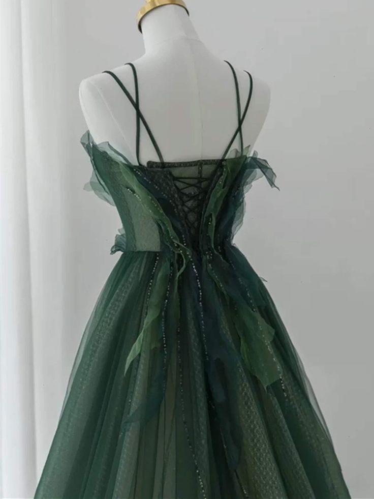 Ball Gown Spaghetti Straps Floor Length Dark Green Long Prom Dresses