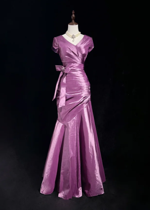 Elegant Purple V Neck Satin Pleated Mermaid Long Evening Dress Birthday Prom Dresses