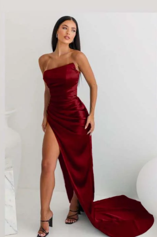 Vintage Sheath Strapless Neckline Slit Satin Long Party Dress Prom Dresses