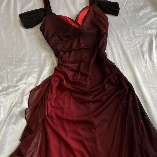 Charming Ombre Red Chiffon A Line Prom Dress Off The Shoulder Evening Dress