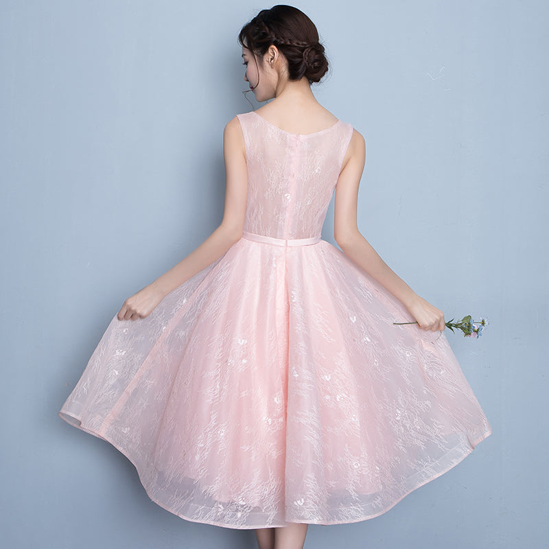 Pink round neck lace short prom dress, lace evening dress
