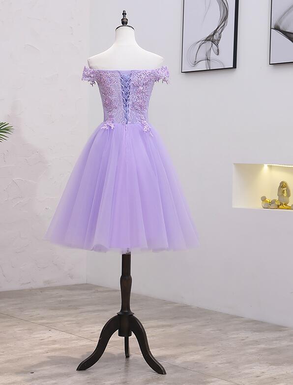 Light Purple Lace And Tulle Off The Shoulder Homecoming Dress, Short Party Dress