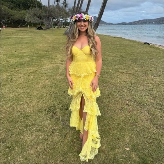 Sexy Yellow Lace Layered Slit Prom Dress Spaghetti Straps Long Party Evening Dress