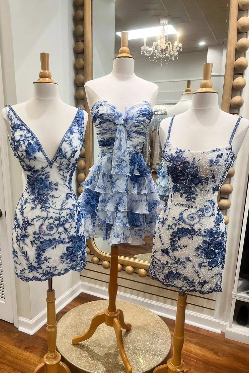 New A Line Sweetheart Blue Printed Short Homecoming Dress with Ruffles