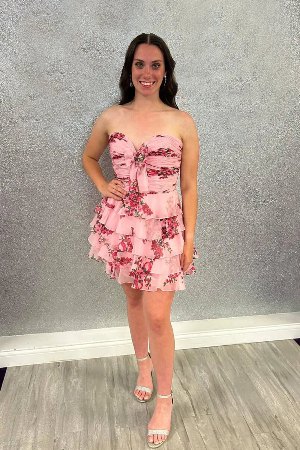New A Line Sweetheart Blue Printed Short Homecoming Dress with Ruffles