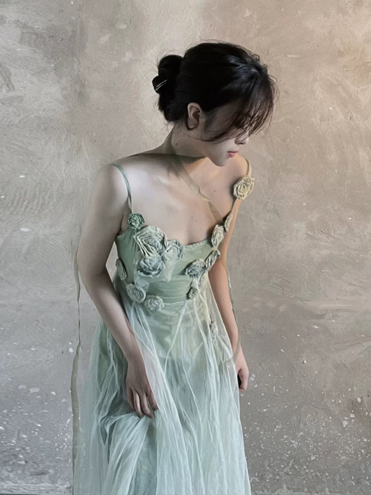 Modest A line Spaghetti Straps Floral Green Prom Dresses Birthday Dress For Women