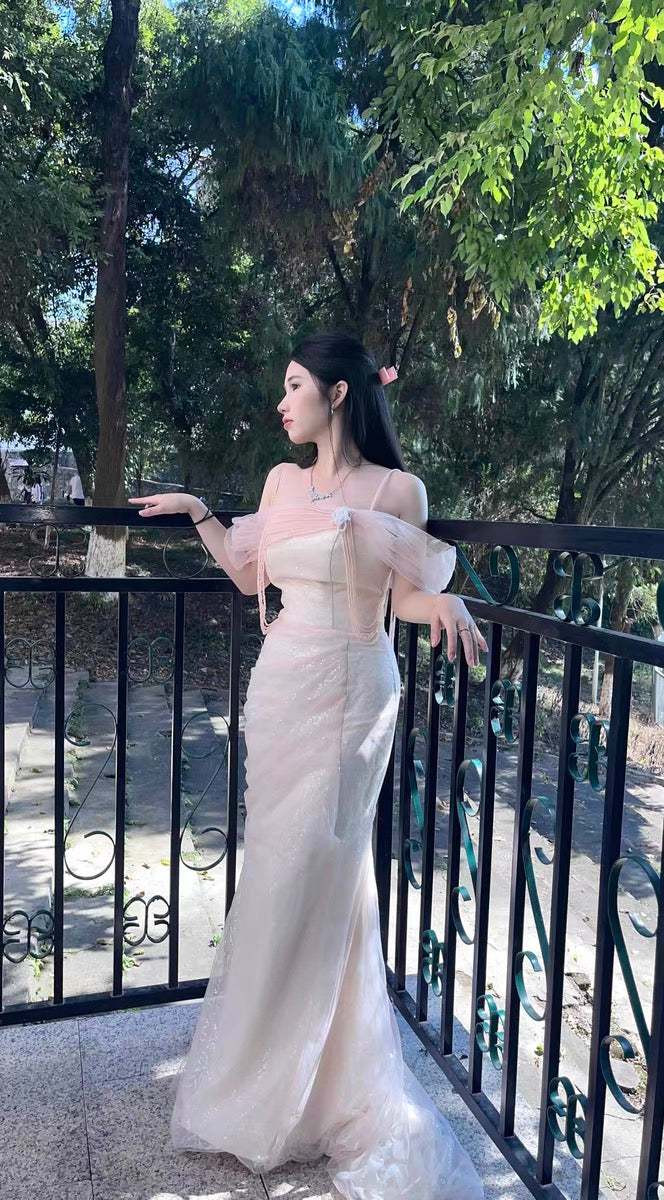 Vintage Mermaid Straps Pink Tulle Long Prom Dress