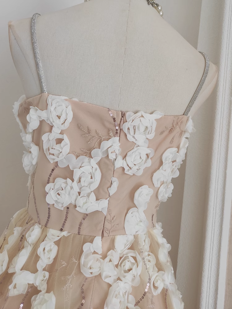 Sexy A line Spaghetti Straps White Satin Floral Dinner Party Dresses Birthday Outfits
