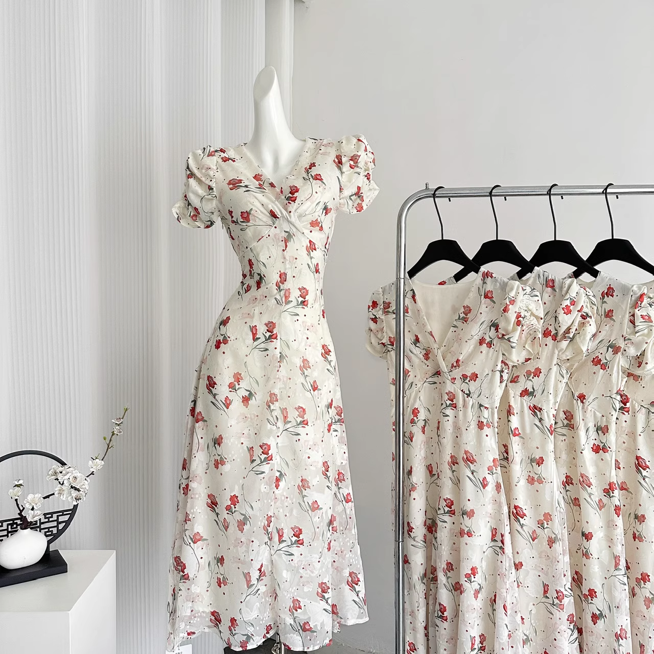 Cute A line V Neckline Short Sleeves Pink Floral Dress Beach Holiday Dresses
