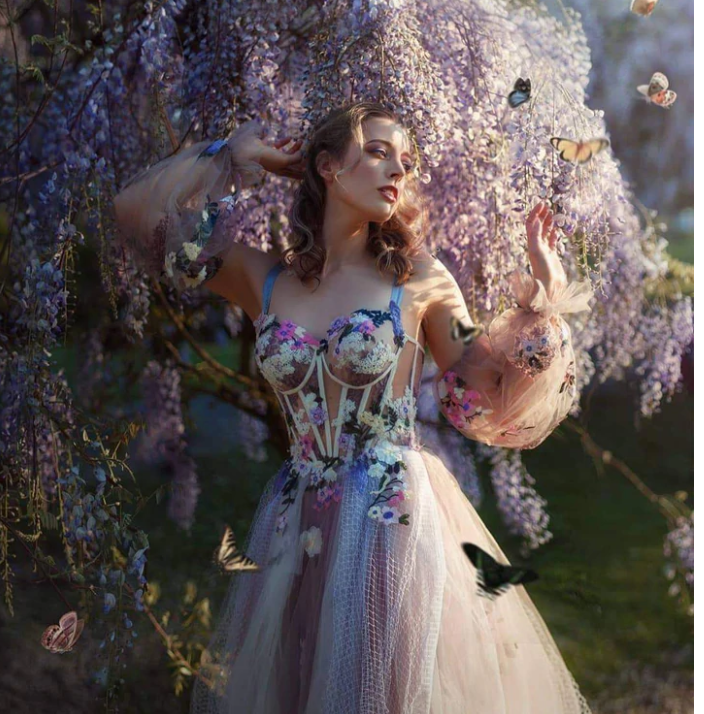 Elegant Dusty Lavender Floral Spaghetti Strap Sweetheart A-line Tulle Long Prom Dress
