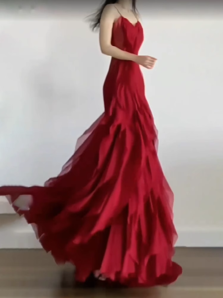Simple Sheath Spaghetti Straps Burgundy Chiffon Long Ruffles Party Dresses Birthday Dress
