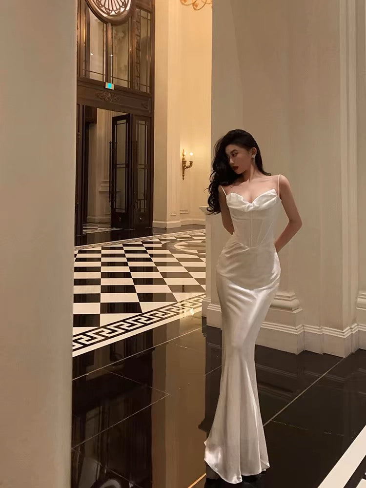 Sexy Sheath Spaghetti Straps White Long Prom Dresses Birthday Outfits