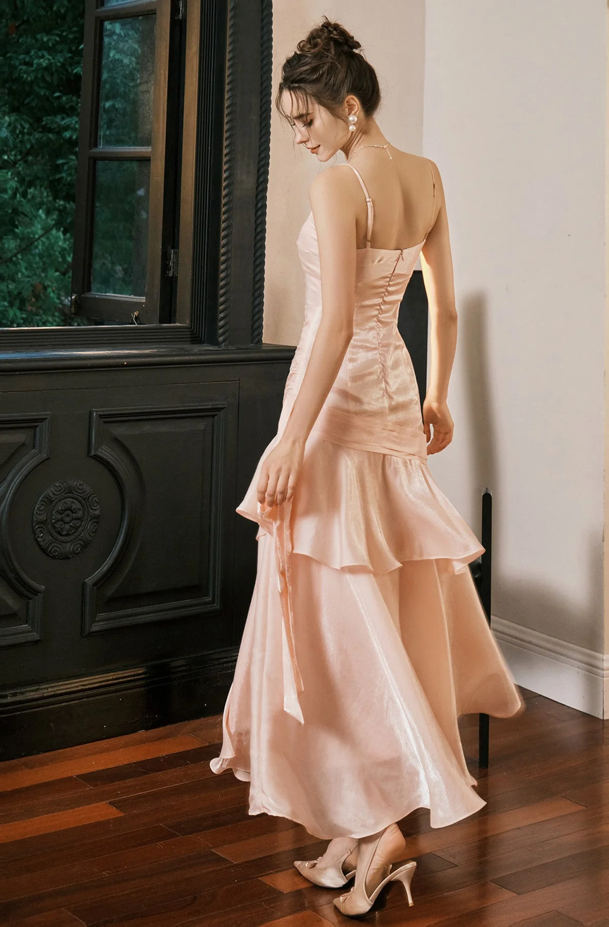 Elegant Pink Mermaid Evening Dress,Spaghetti Straps Satin Tiered Prom Dress
