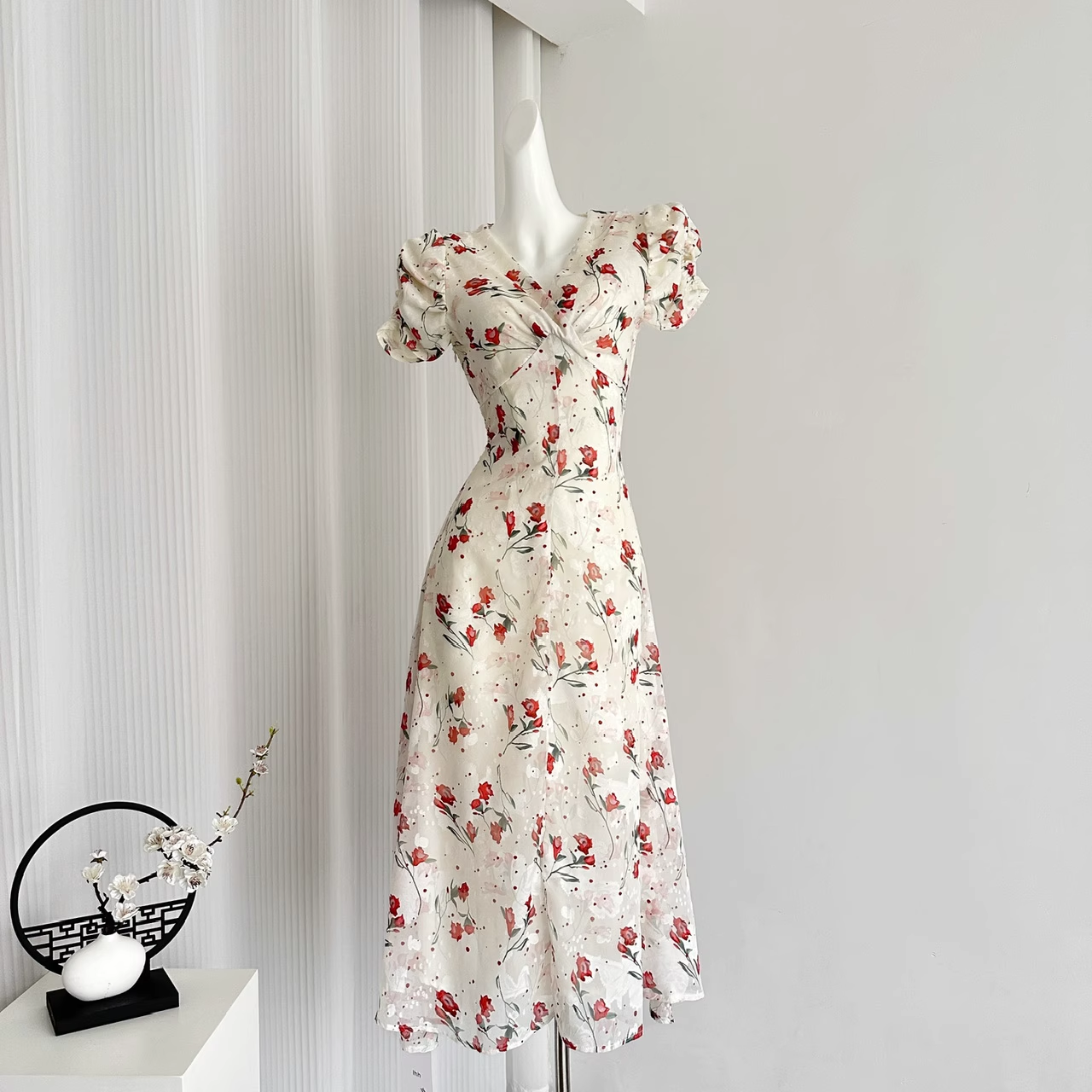 Cute A line V Neckline Short Sleeves Pink Floral Dress Beach Holiday Dresses