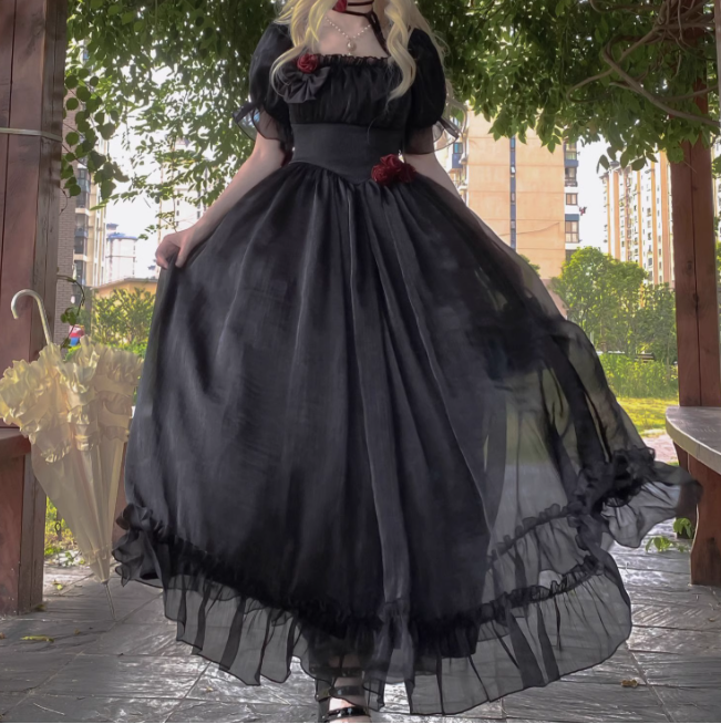 Retro A Line Square Neckline Short Sleeves Black Chiffon Long Party Dresses Birthday Dress