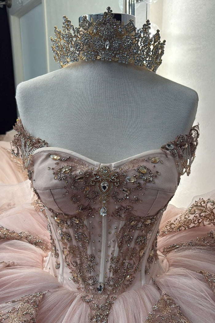 Pretty Pink Off The Shoulder Tulle Beaded Appliques Quinceanera Dress Sweet 16 Dress