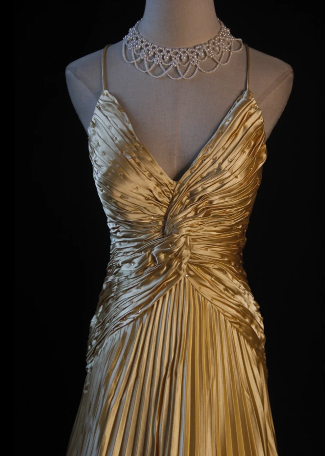 Stylish Spaghetti Straps Gold V Neck Satin Pleated Beaded Long Party Dress Formal Wedding Guest Dress