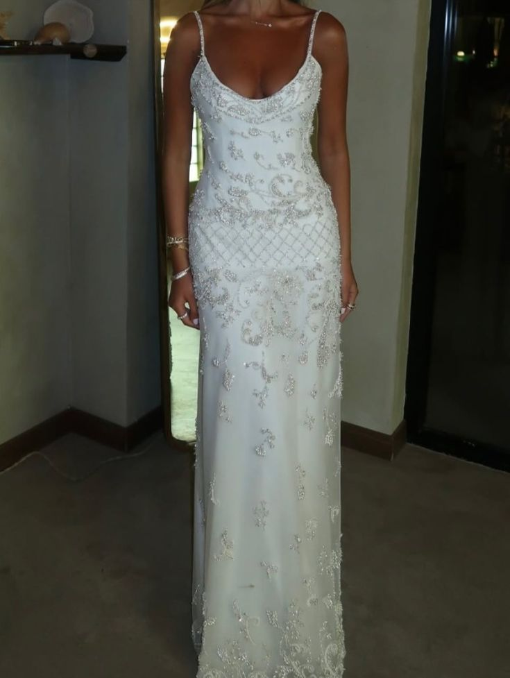 Elegant Spaghetti Straps Satin Tulle Beaded Long Party Dress Evening Dress