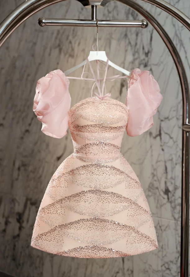 Sweet Pink Satin Sequins Cocktail Dress Short Birthday Outfits Homecoming Dress