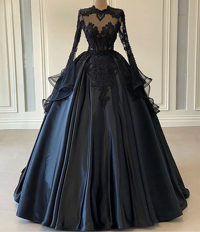 Puffy Ball Gown Women Long Sleeve Evening Dress Black Lace Twill Satin Beaded Dubai Style Formal Prom Dresses