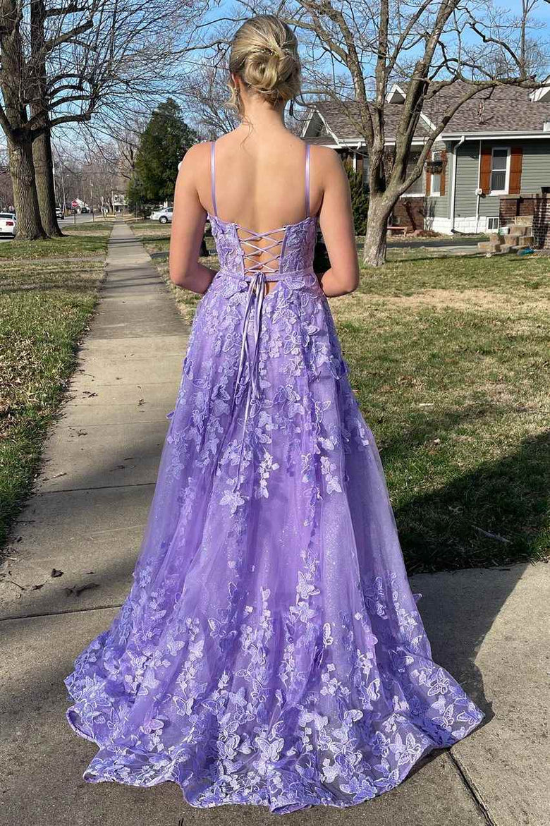 Spaghetti Straps Tulle Lace Appliques Evening Dress Lavender A Line Prom Party Dress