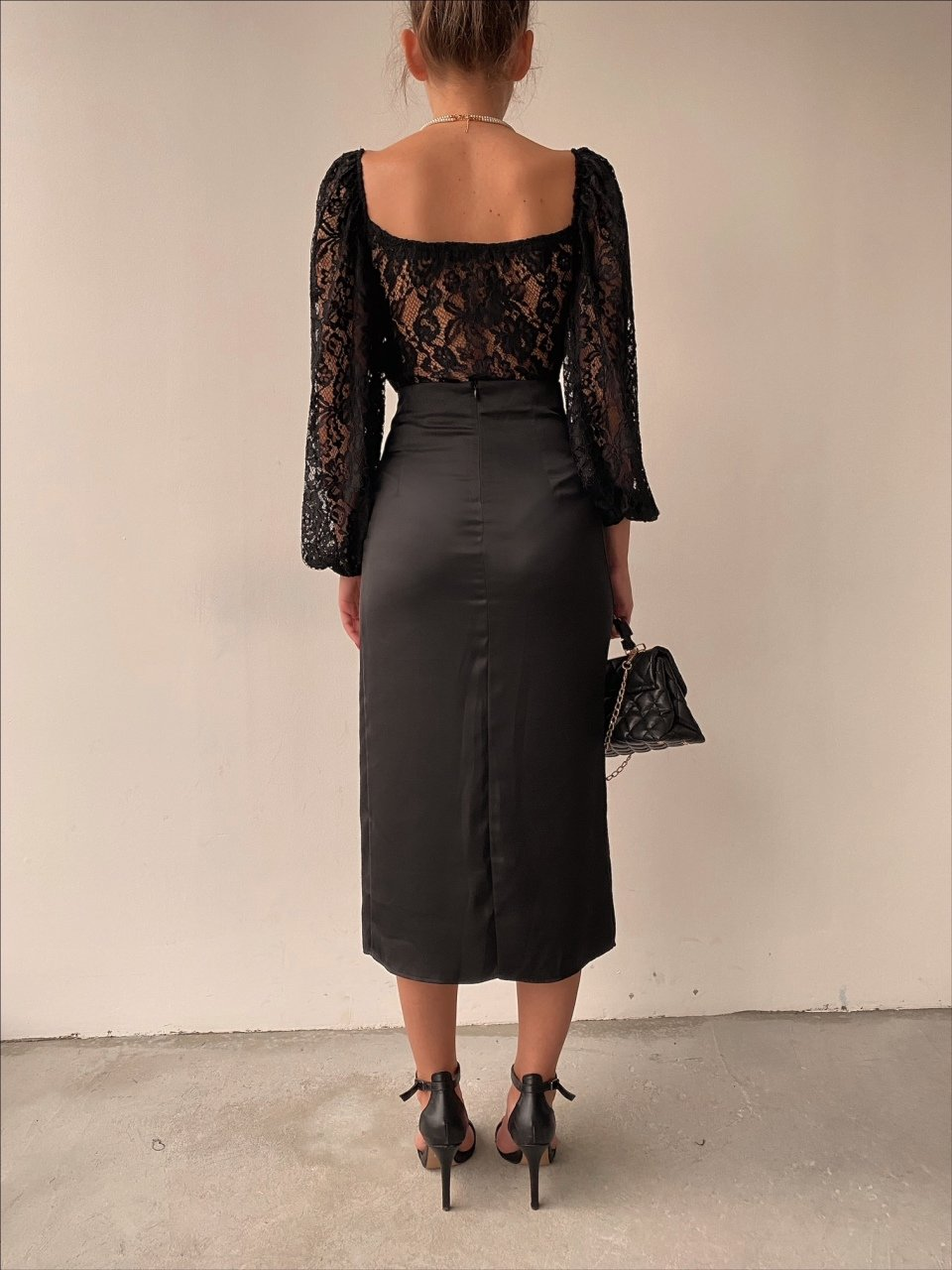 Lantern Sleeve Crochet Lace Top & High Slit Ruched Prom Dress