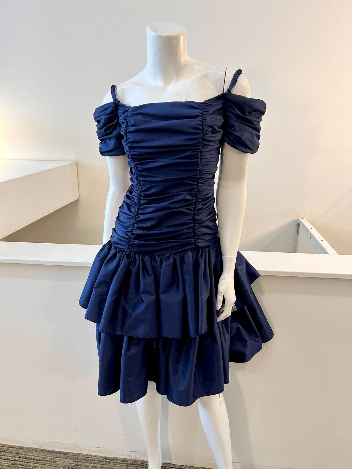 Fashion Navy Blue Satin Pleated Off The Shoulder Short Party Dress Formal 8th Grade Homecoming Dress