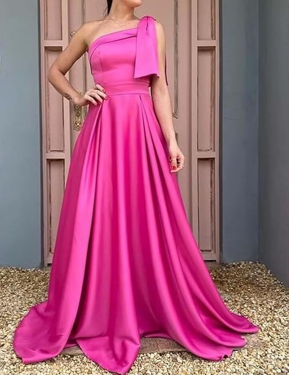 Women's One Shoulder Pink Satin Long Evening Dress